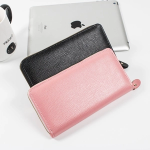 Litchi pattern leather long zipper wallets in black and pink with gold metal hardware
