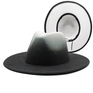 Detail of gradient felt fedora showing black to white transition and interior sweatband