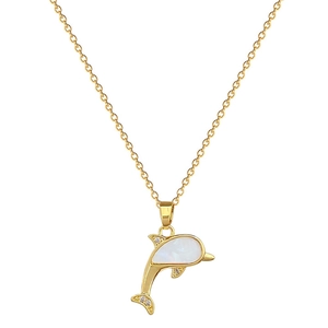 Luxurious gold dolphin necklace with white shell inlay and sparkling crystals on O-chain