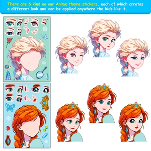 Close-up of DIY princess stickers showing facial features and accessories for creative play