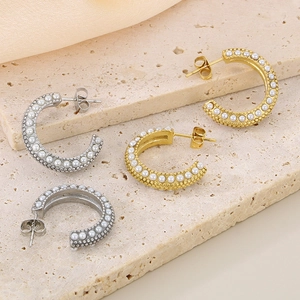 French vintage C-shaped gold and silver stainless steel earrings with inlaid pearls