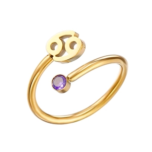 Adjustable 18K gold-plated stainless steel Cancer zodiac ring with purple zircon stone
