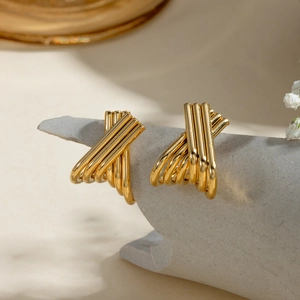 Minimalist 18k gold plated stainless steel X-shaped crossover earrings for women