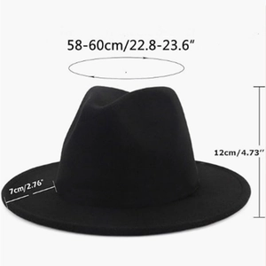 Black wool fedora hat with size measurements showing 12cm height and 7cm brim width