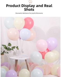 Detail of macaron pastel balloons with transparent stand against white background