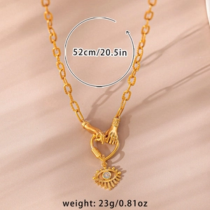 Detail of 18k gold plated evil eye necklace showing 52cm length and 23g weight specs