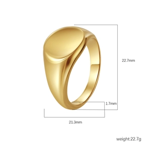 Polished 18K gold stainless steel signet ring with dimension specs and weight details