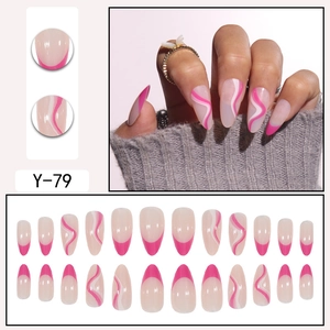 Almond French gradient press-on nails Y-79 featuring pink waves on 24 long oval pieces