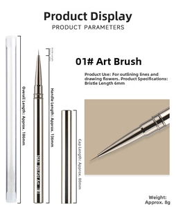 Detail of 01# nail art brush with 6mm bristles, metal handle, and measurement dimensions