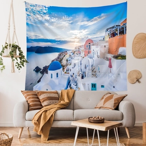 Detail view of Santorini tapestry featuring blue-domed churches and sunset over the Aegean Sea