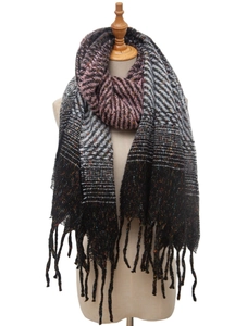 Close-up of knit scarf showing multicolor striped texture and soft tassel hem details