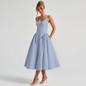 Detail view of the blue and white checkered pattern on a waist-slimmed sundress