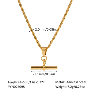 Technical drawing of gold T-bar necklace with 2.0mm chain width and 22.1mm pendant size