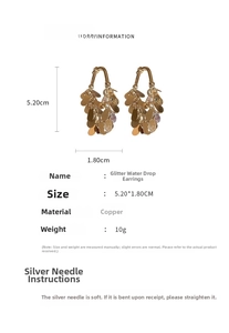 Detailed dimension guide for gold sequin drop earrings with silver pins and size markings