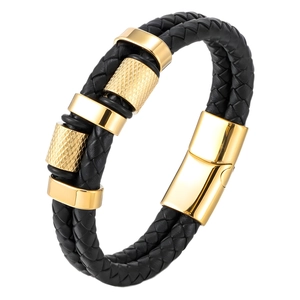 Men's multilayer braided black leather bracelet with gold magnetic stainless steel clasp