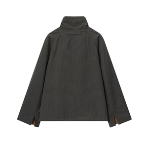 Back view of a dark grey pinstripe casual jacket with a stand collar and fine texture