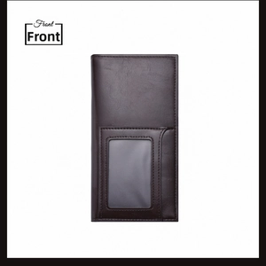 Detailed front view of brown long wallet showing texture and transparent ID slot