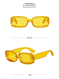 Detail view of yellow rectangular sunglasses showing front and side profile on white background