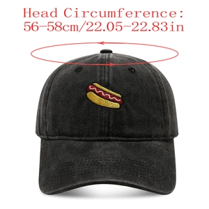 Detailed size guide for washed black baseball cap with embroidered hotdog icon