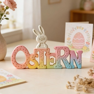 Macro shot of colorful Ostern Easter rabbit letters on a light wooden table