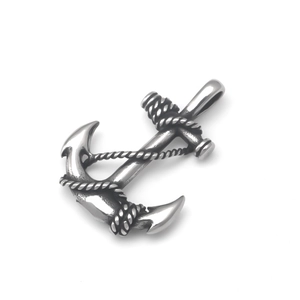 Vintage stainless steel nautical anchor pendant with rope detail on white background