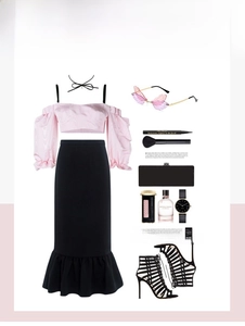 Fashion collage of rimless butterfly sunglasses with a pink top and black fishtail skirt