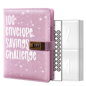 Pink glitter 100 envelope savings challenge binder with a gold 3-digit combination lock