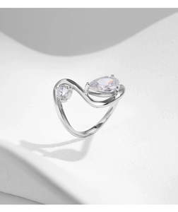 Detailed view of silver S925 ring with pear-shaped and round-cut zirconia stones
