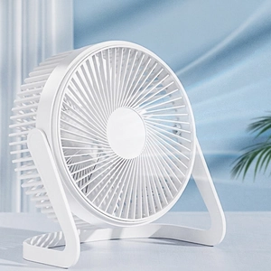 Mini desktop USB fan in white with U-shaped base and silent high airflow design