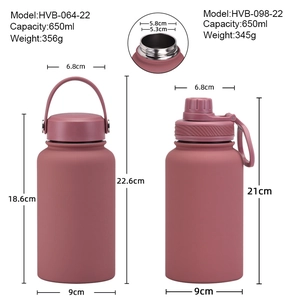 650ml stainless steel sports bottle with handle and dimensions in matte red