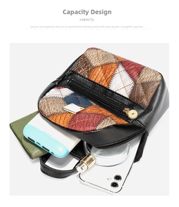 Detailed interior of color-block plaid backpack showing capacity for phone and cosmetics