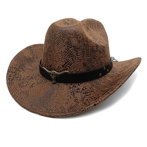 Detail of snake pattern texture and bull head buckle on brown western cowboy hat