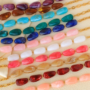 Fashionable stainless steel chain necklace with colorful irregular natural stone beads