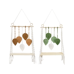Étagère murale bohème tissée avec poutres en bois et ornements de feuilles à franges
