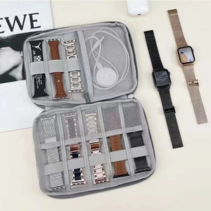 Macro view of gray fabric travel case for Apple Watch straps with elastic bands and mesh pocket
