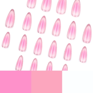 Pink gradient almond press-on nails with silver glitter details on a white background