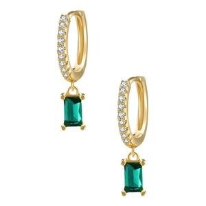 Gold earrings featuring small white crystals and a rectangular emerald green gemstone charm