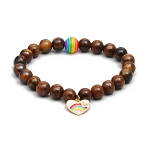 Tiger eye bead bracelet with colorful rainbow bead and gold rimmed heart charm