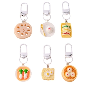 Set of 6 realistic food keychains including sandwiches and dumplings on white background