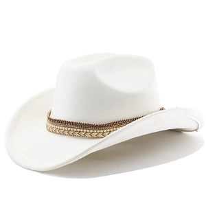 Detailed view of white faux suede cowboy hat with sparkling rhinestone braided hatband