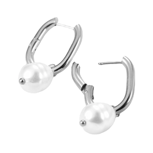 Minimalist U-shaped stainless steel earrings with white faux pearls on white background