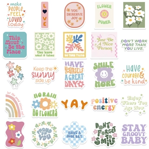 Detailed grid view of waterproof Danish pastel vinyl stickers with inspirational quotes