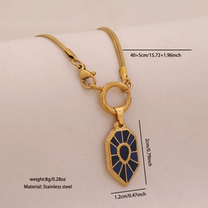 Detail shot of a gold stainless steel necklace with blue hexagonal pendant and dimensions