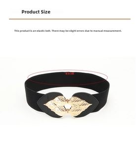 Size chart showing 65cm circumference for black elastic waist belt with gold leaf buckle
