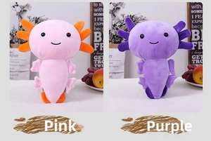 Detail of soft plush axolotl toys showing pink and purple variants with side gill features