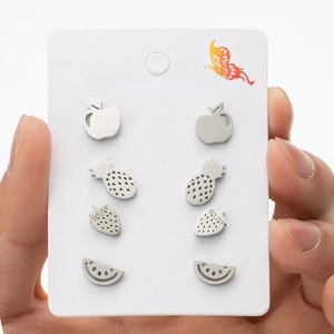 Set of four pairs of stainless steel fruit stud earrings featuring apple pineapple strawberry and watermelon
