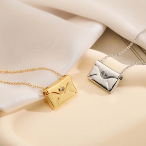 Elegant gold and silver envelope pendants with zircon stone on fine chain necklaces
