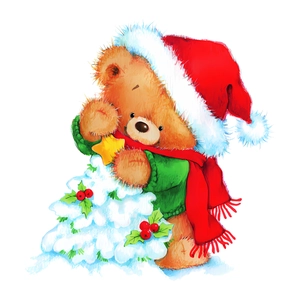 Christmas bear with red hat and scarf hugging a decorated tree for toilet and wall decor