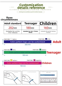 Detailed size guide for custom silicone wristbands showing adult, youth and child dimensions