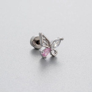 Clou de cartilage papillon en acier titane avec zircon rose et fermoir à vis plat